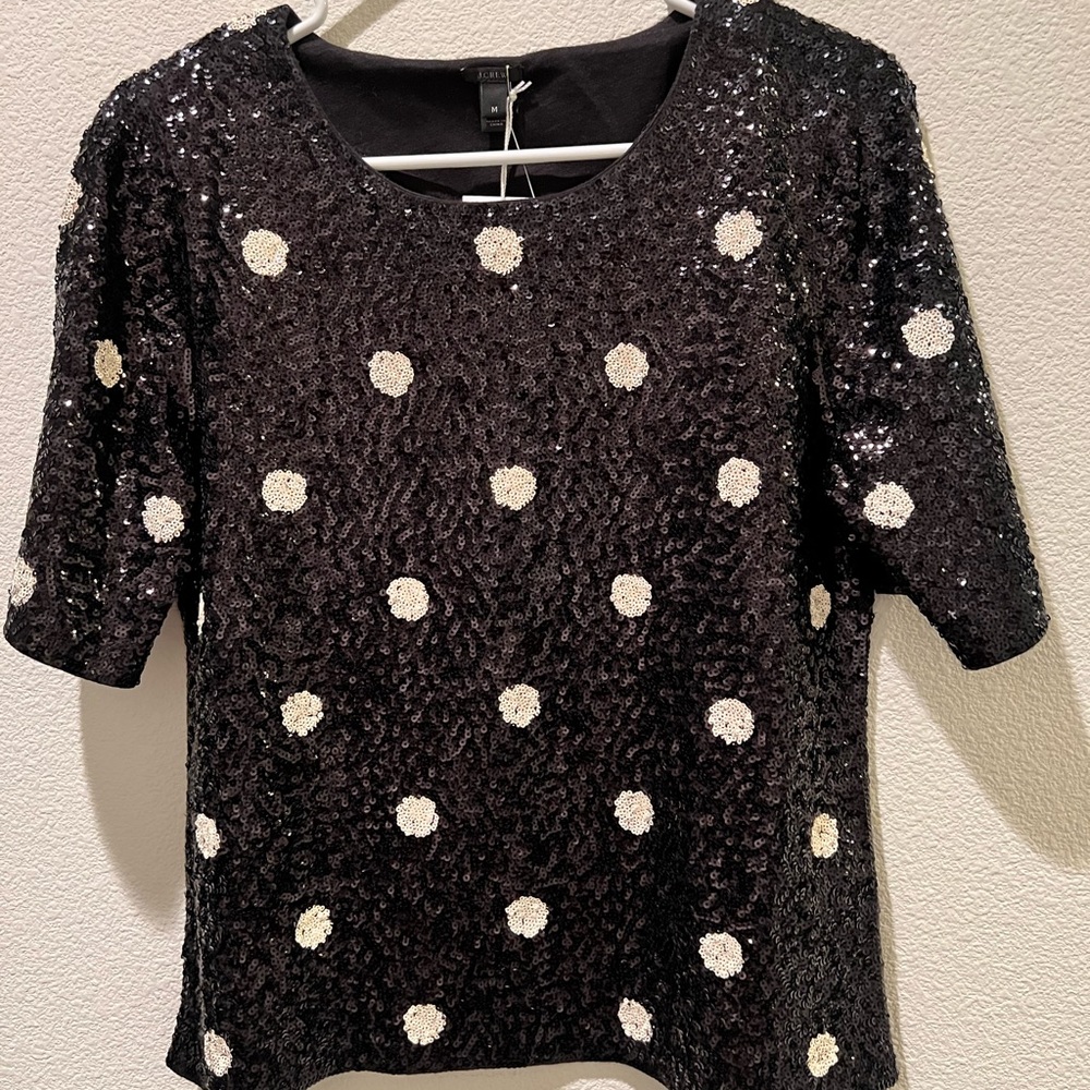J. Crew Black Sequin Top with White Dots